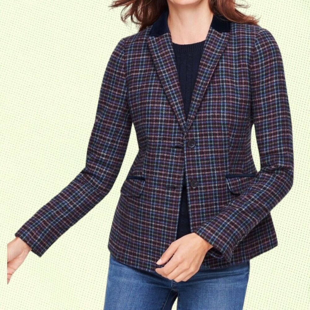 Talbots Petite Mistletoe Plaid Two Button Blazer 8P Multicolor Shetland Wool